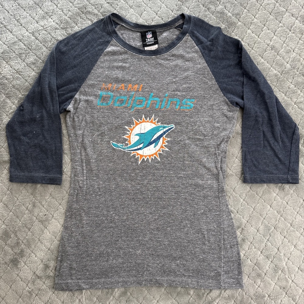 Miami Dolphins Shirt Women's Medium Grey 3/4 Sleeve NFL Team Apparel Baseball T